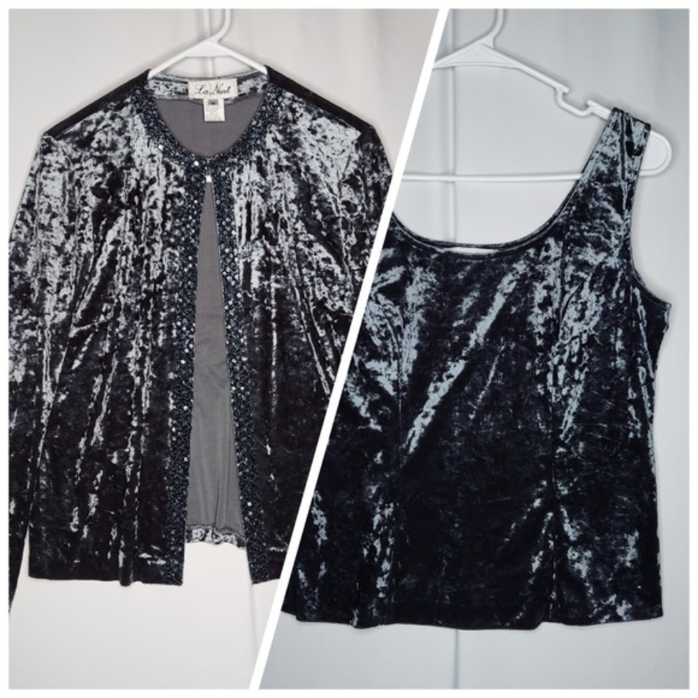 La Nuit Crushed Velvet Beaded Cardigan‎ Top Set Women Medium Gray Glam Party